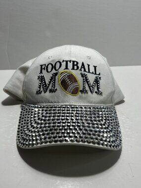 Crown Cap Football Mom White Adjustable Baseball Cap Rhinestone Embroidered